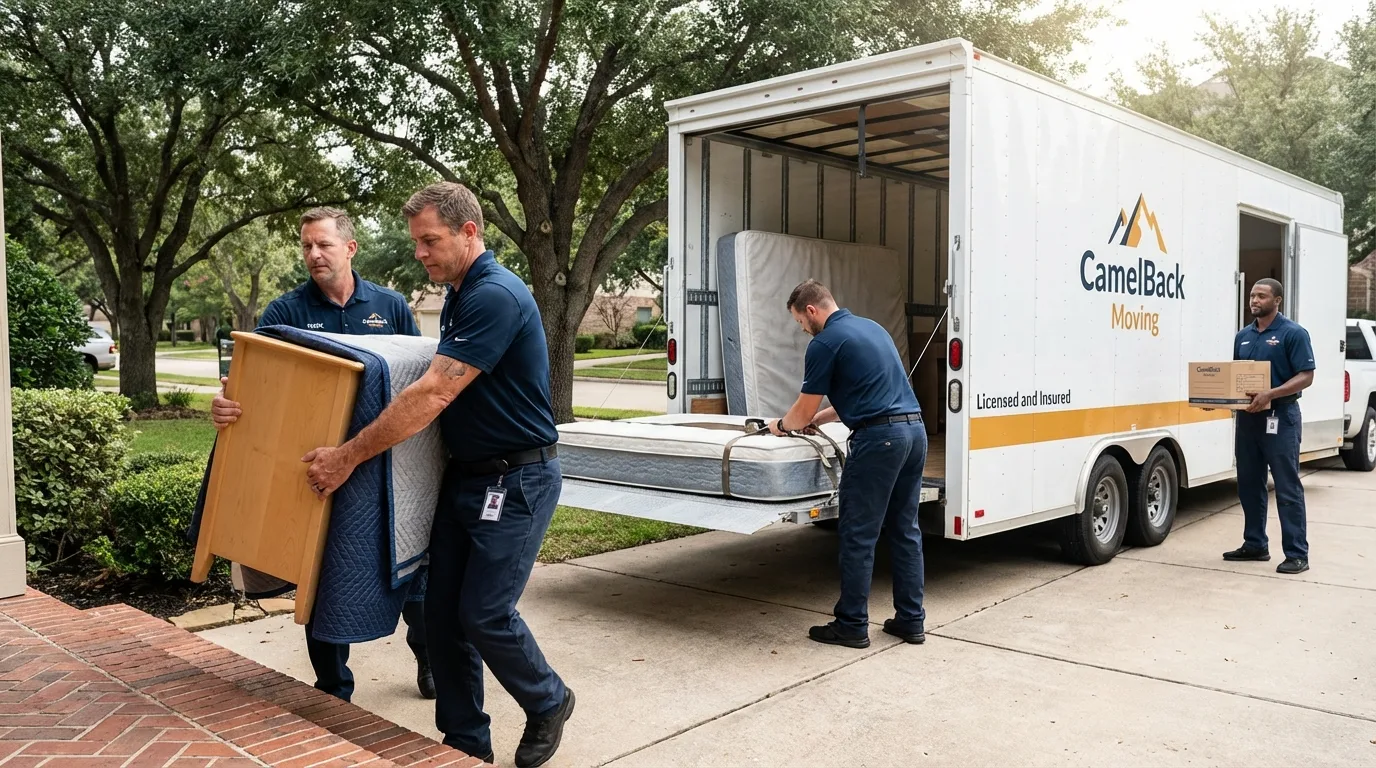 Crew loading residential truck for cross-state move from New Richland, MN