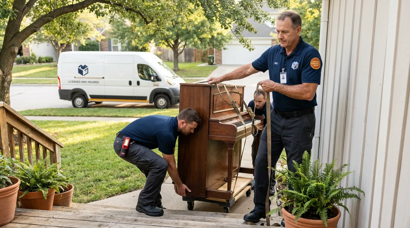 Licensed piano movers securing grand piano in New Richland, MN