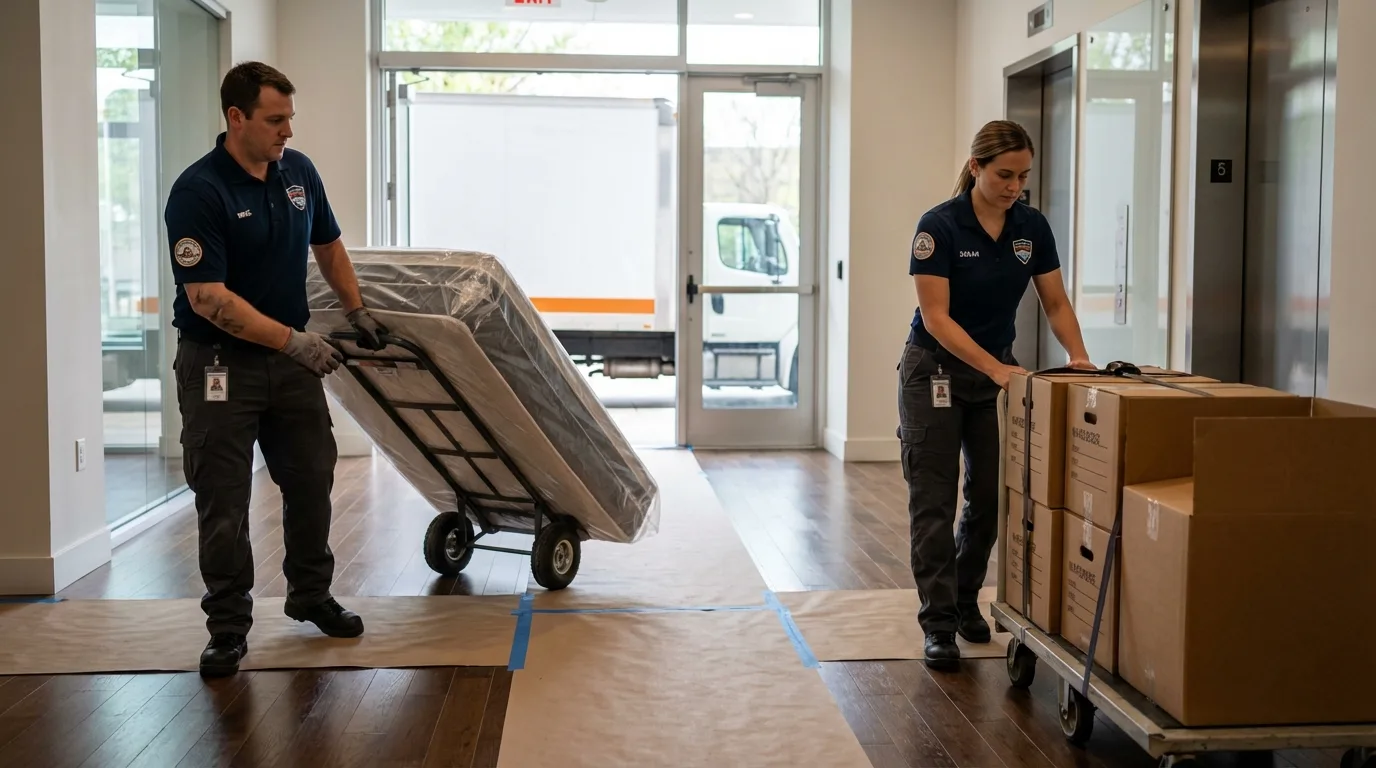 Professional apartment movers loading elevator in New Richland, MN