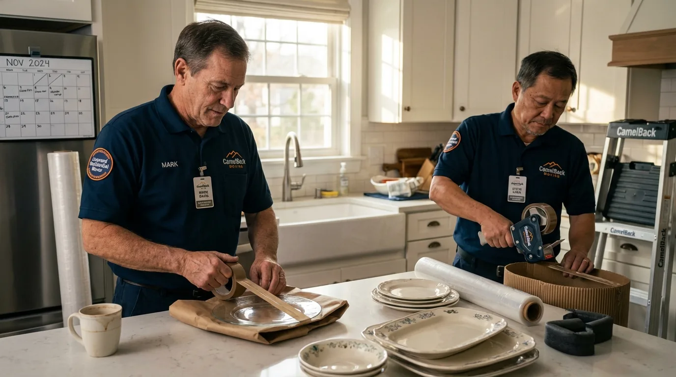 Professional crew packing kitchen dishware in New Richland, MN